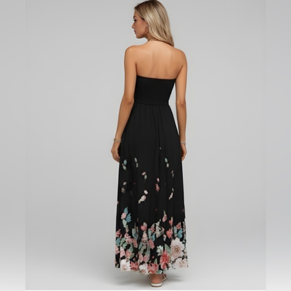 Black Floral Print A- Line Tube Dress - Picture 3 of 12